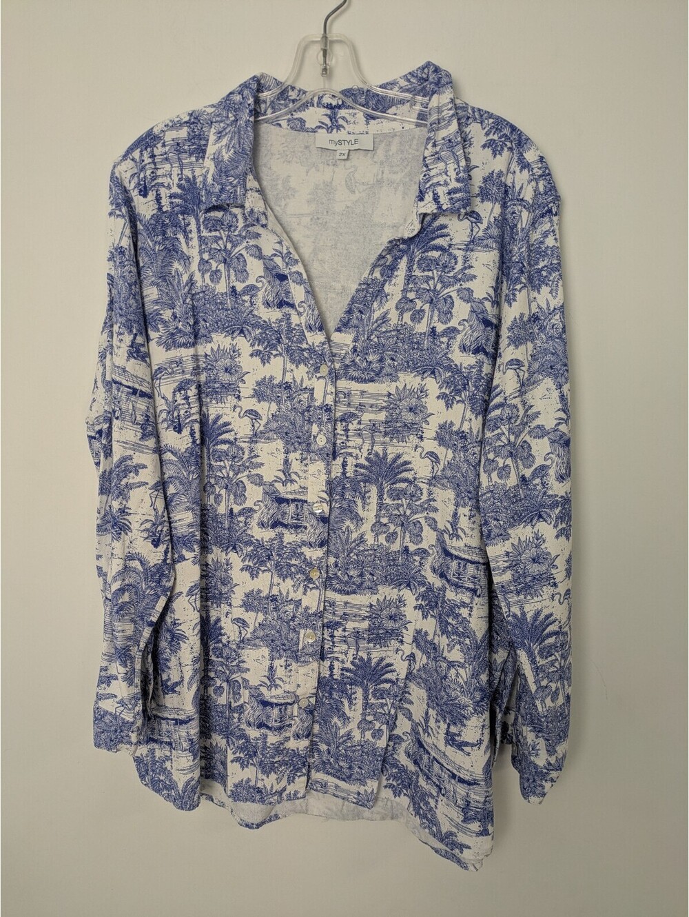 mySTYLE Blue White Toile Tropical Palm Linen Blend Button Down Shirt 2X